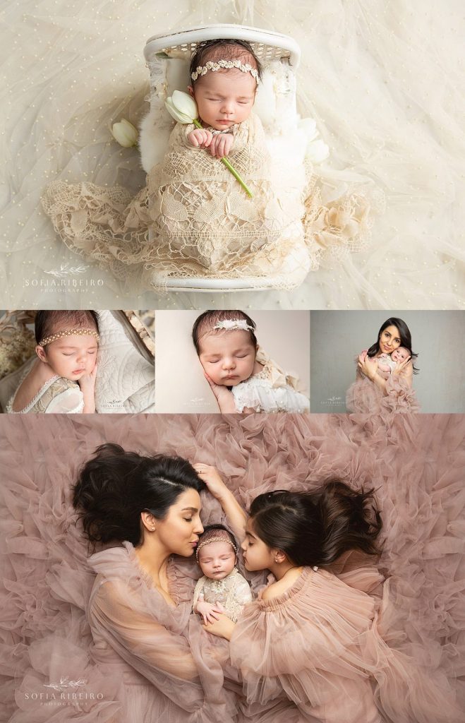 family newborn session featuring a  baby girl on neutrals with family portraits including mom, dad, and big sister. 