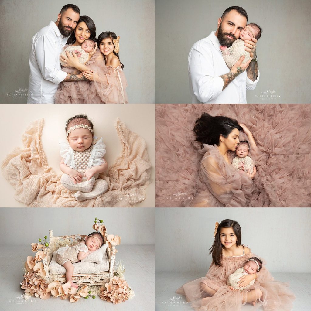 family newborn session featuring a  baby girl on neutrals with family portraits including mom, dad, and big sister. 