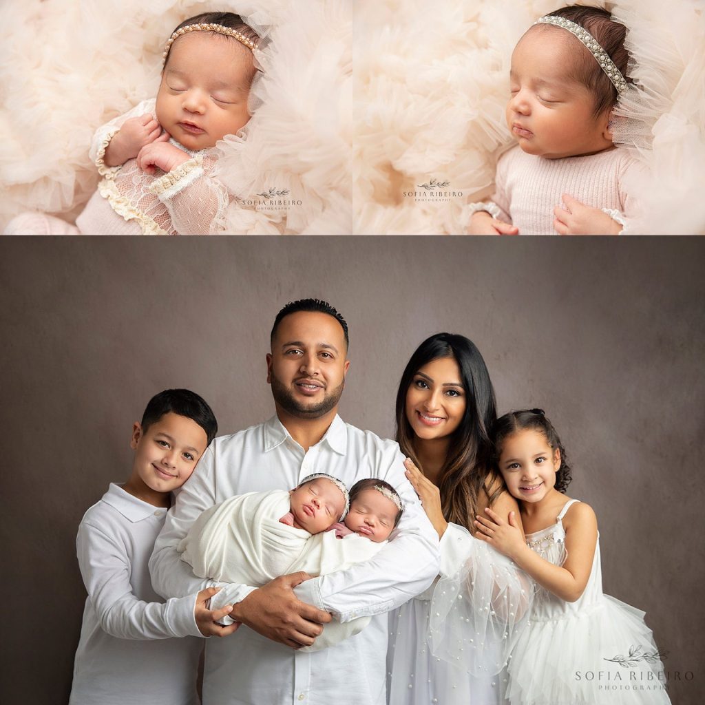 twin girls newborn session, individual babies, and with family