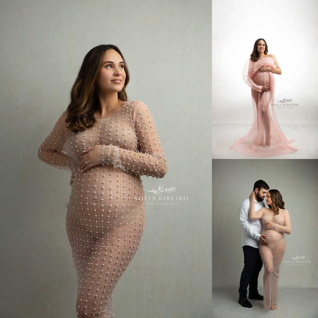 studio maternity session with partner and pearl dress
