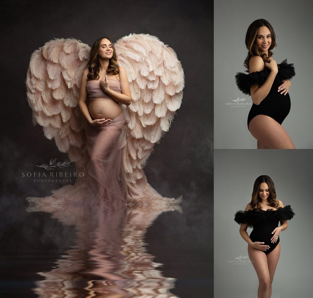studio maternity session with black bodysuit and angel wings