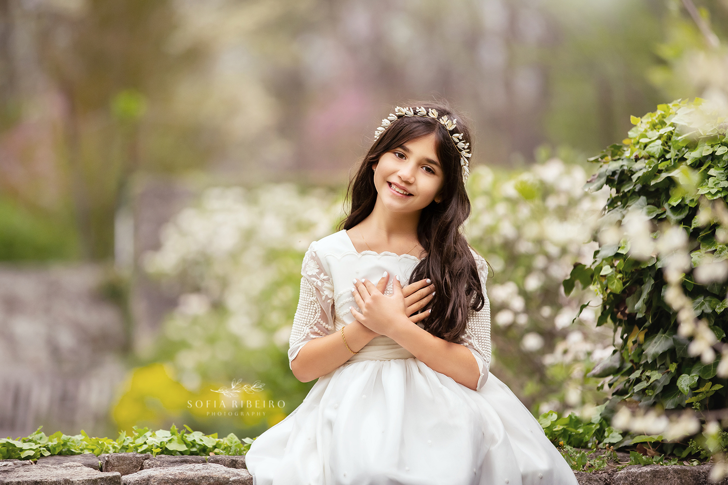 NEW JERSEY COMMUNION PHOTOGRAPHER POSES A YOUNG GIRL INHER DRESS