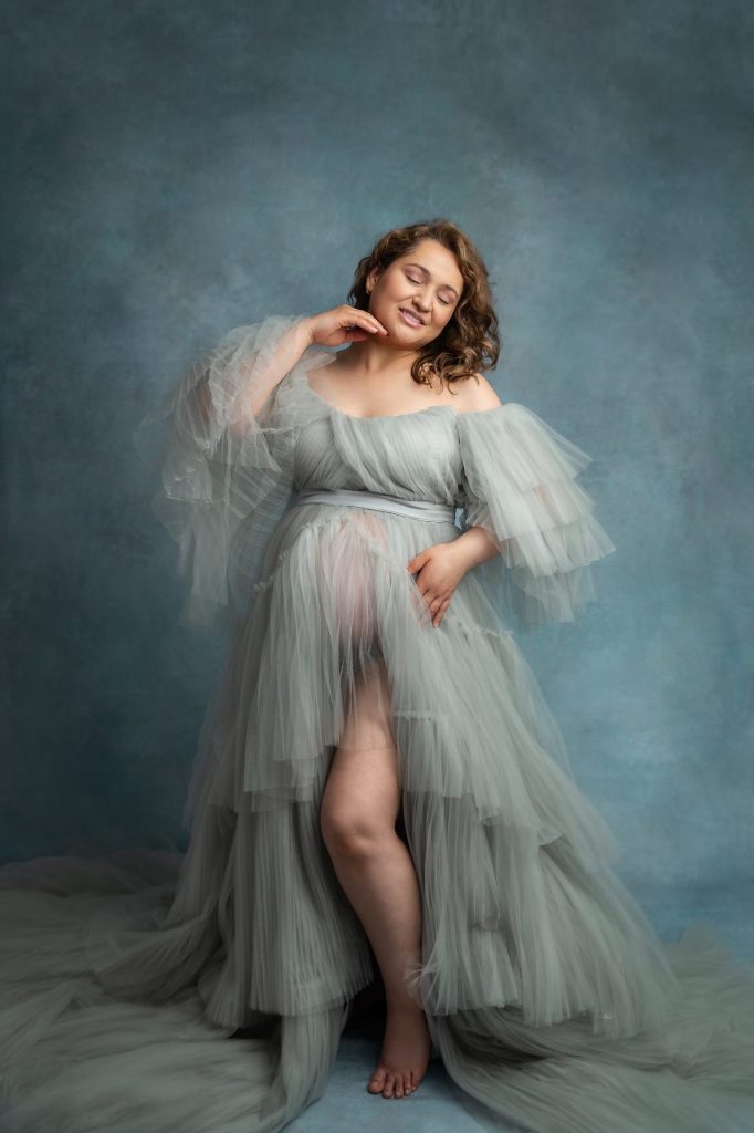 reasons to take maternity photos, mom solo in grey tulle dress