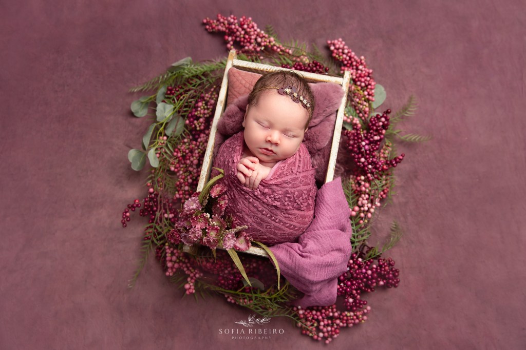 a newborn baby girl is posed in a pink crate with flowers during her maternity session in nj