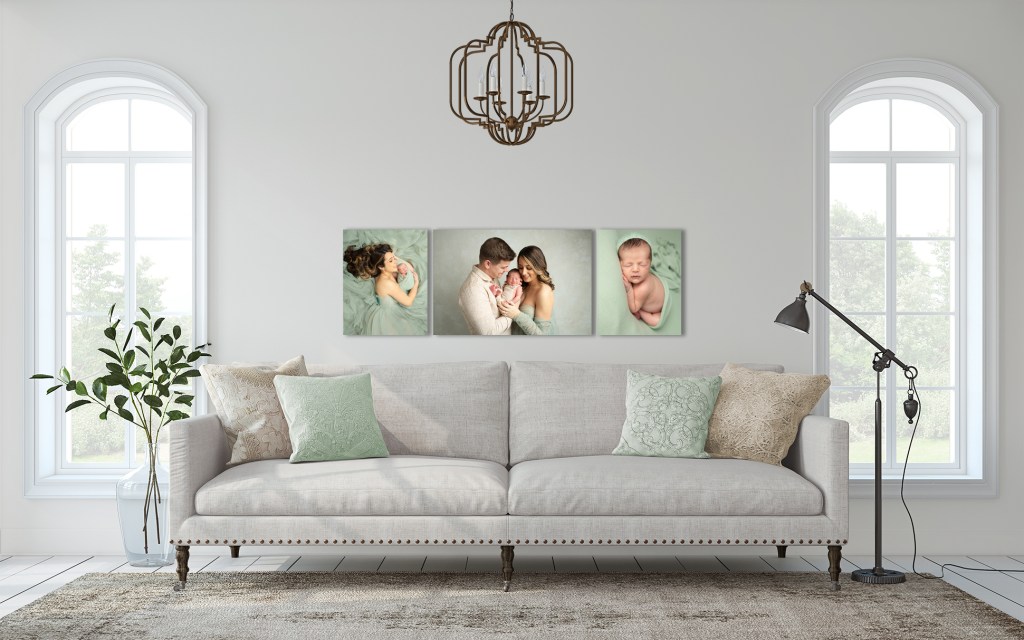 where to display photos in your home, above the sofa, three piece artwork