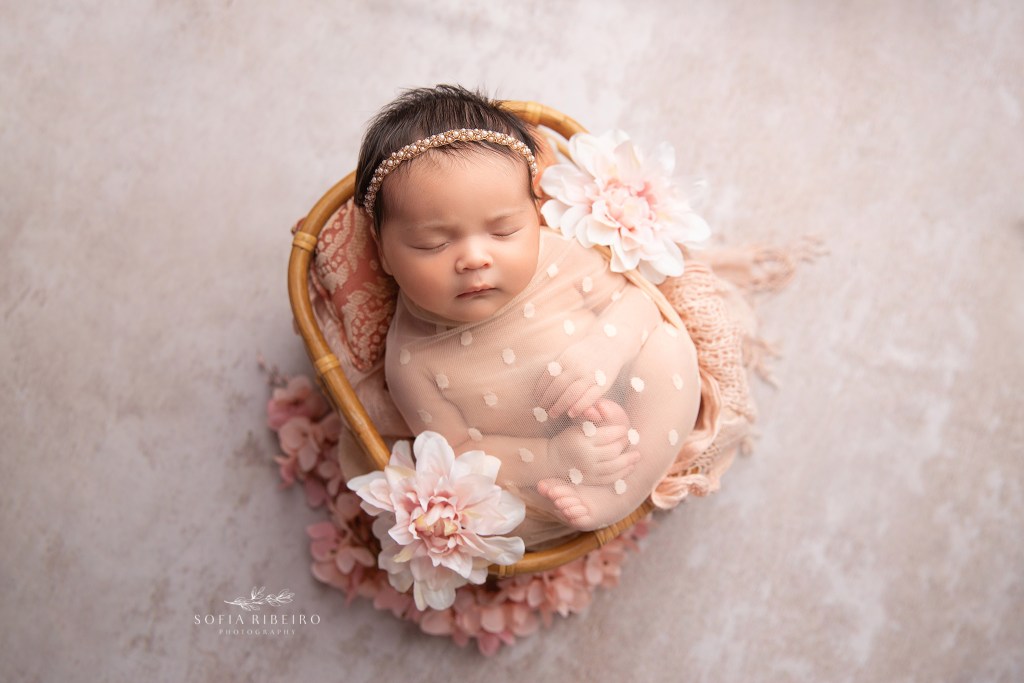 Newborn baby girl in pink basket prop, are newborn photos worth it