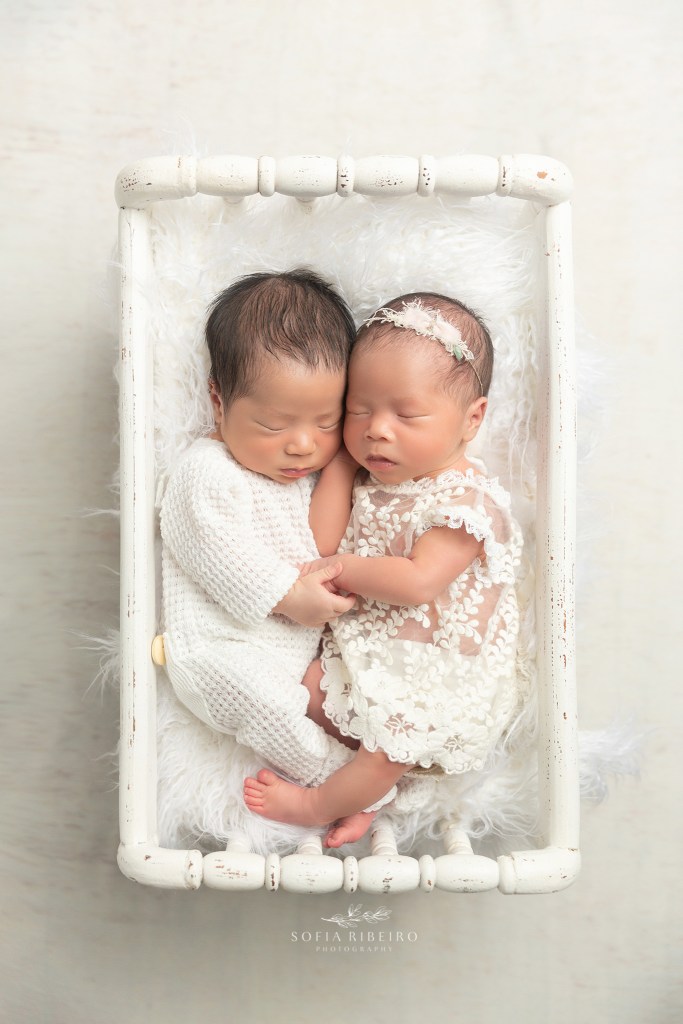 hillsborough nj newborn photographer, twins together in white bed prop