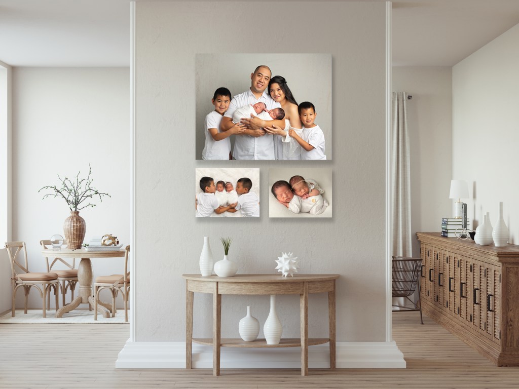 where to display photos in  your home, transitional wall neutral family portraits