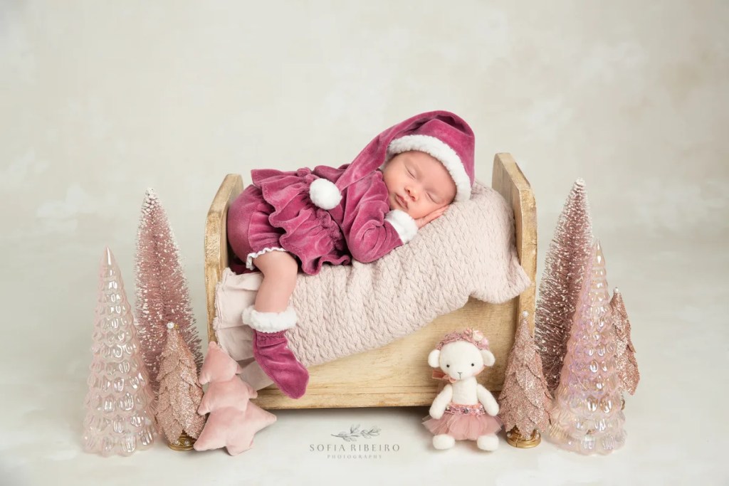 chester nj newborn photographer, winter newborn session in pink santa suit