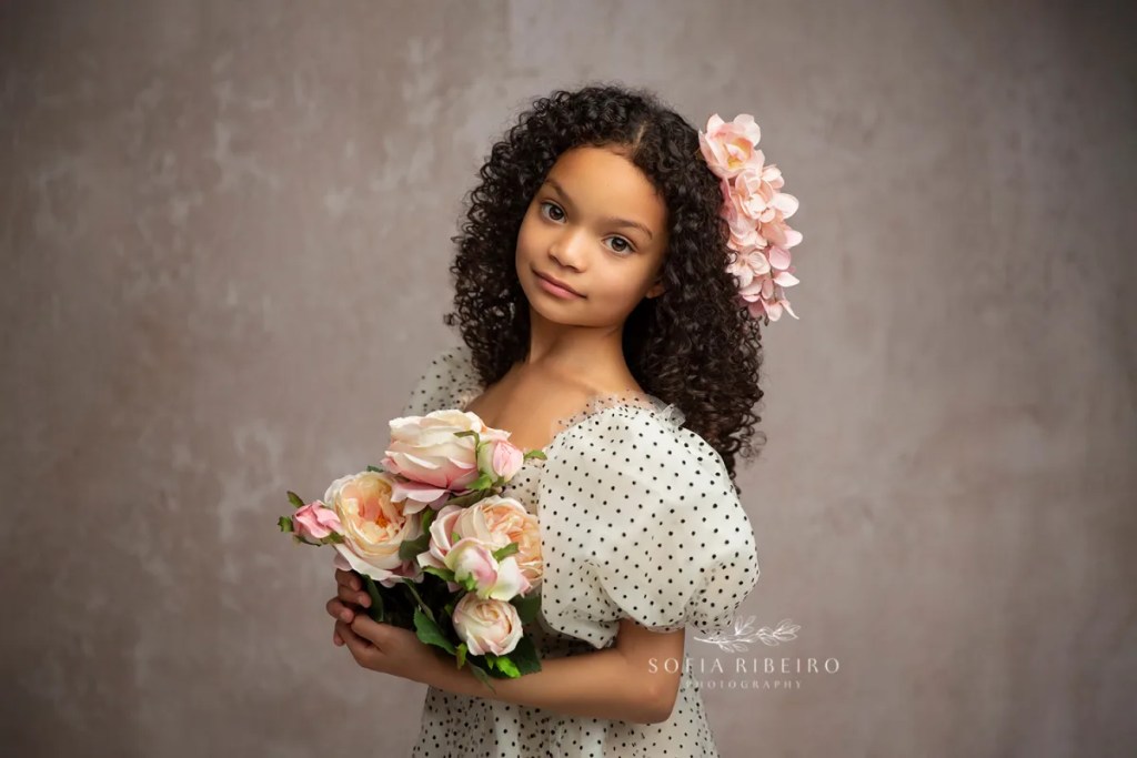 bergen county twin sisters portrait session, fine art childrens photographer nj, girl with flowers and polka dot dress