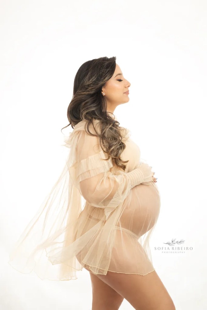 neutral maternity session, backlit image in sheer dress, in union county new jersey