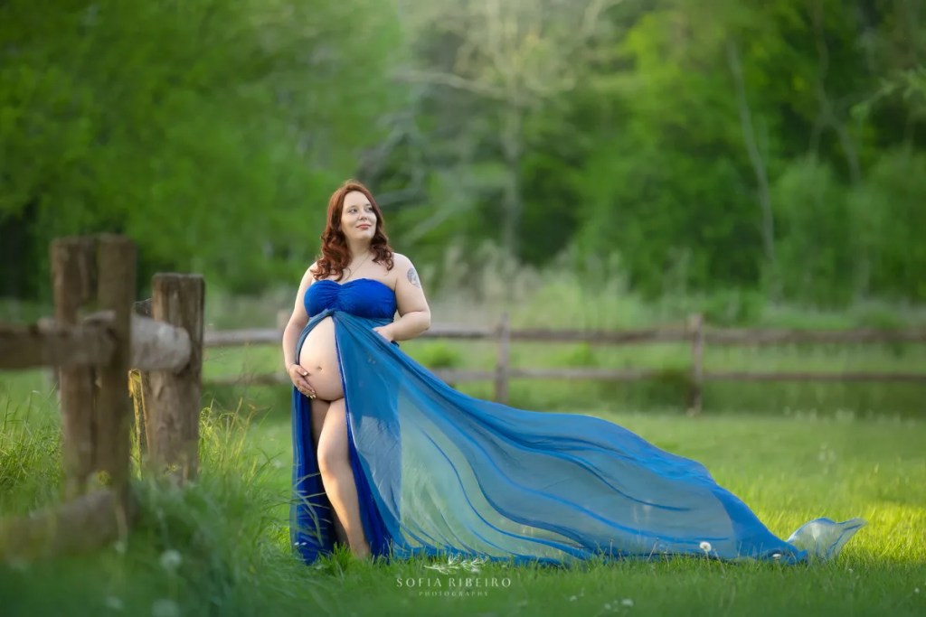 motorcycle maternity session, in blue dress
