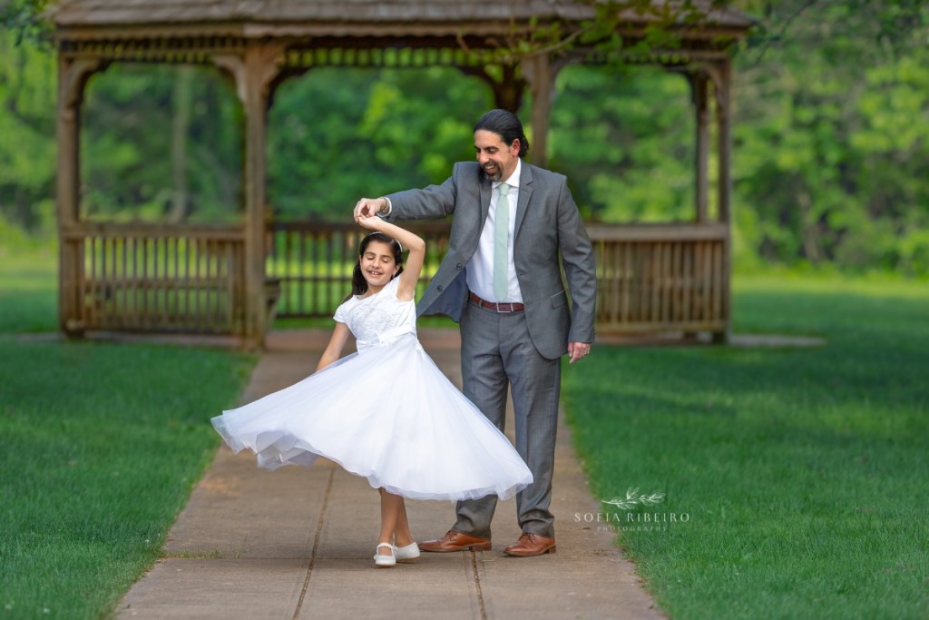 fine art first communion photographer, nj daddy twirling daughter