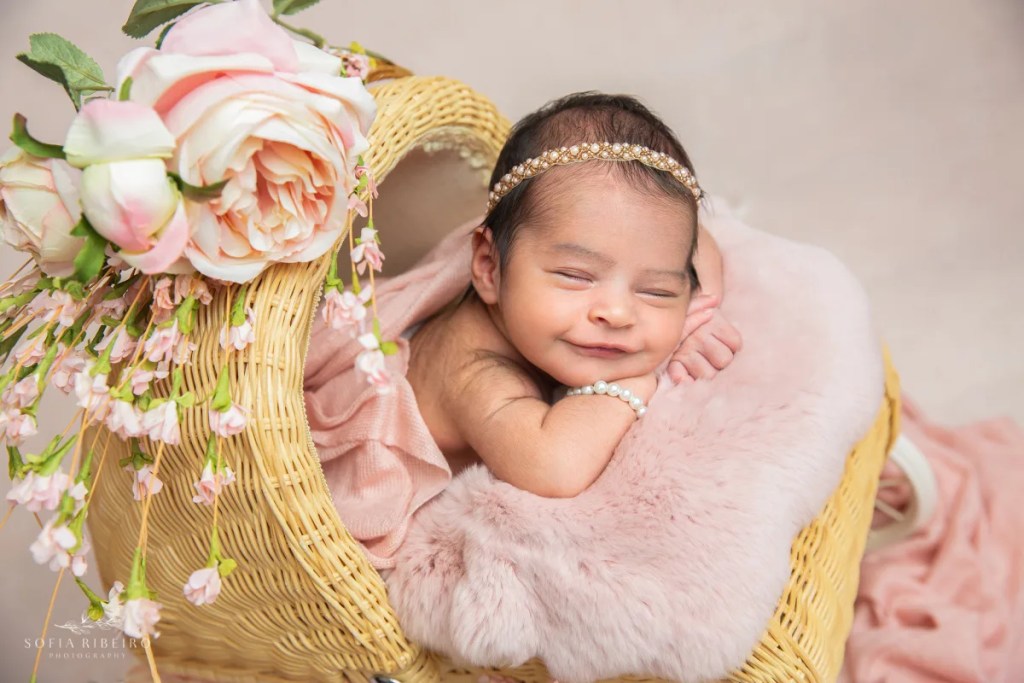 montclair nj newborn photographer, smiling baby in carriage prop