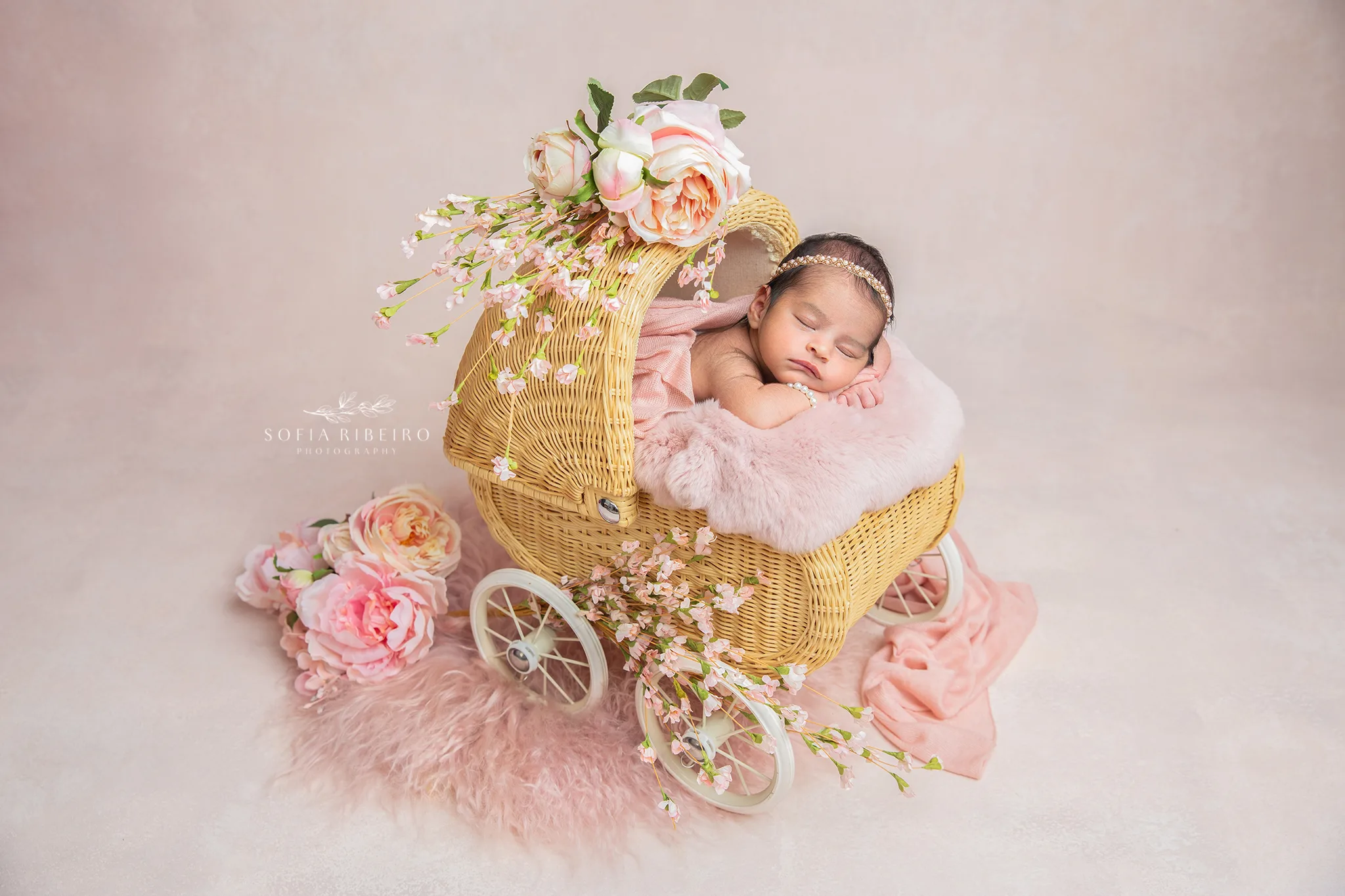nj newborn photographer expertly poses babies in props, like tihs baby girl in a pink carriage surrounded by flowers