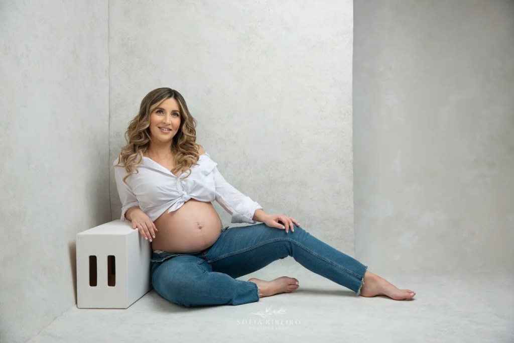 nj maternity photography denim inspired session on white grey backdrop