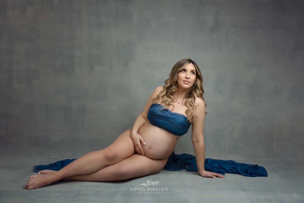 nj maternity photography denim inspired session blue fabric on grey backdrop