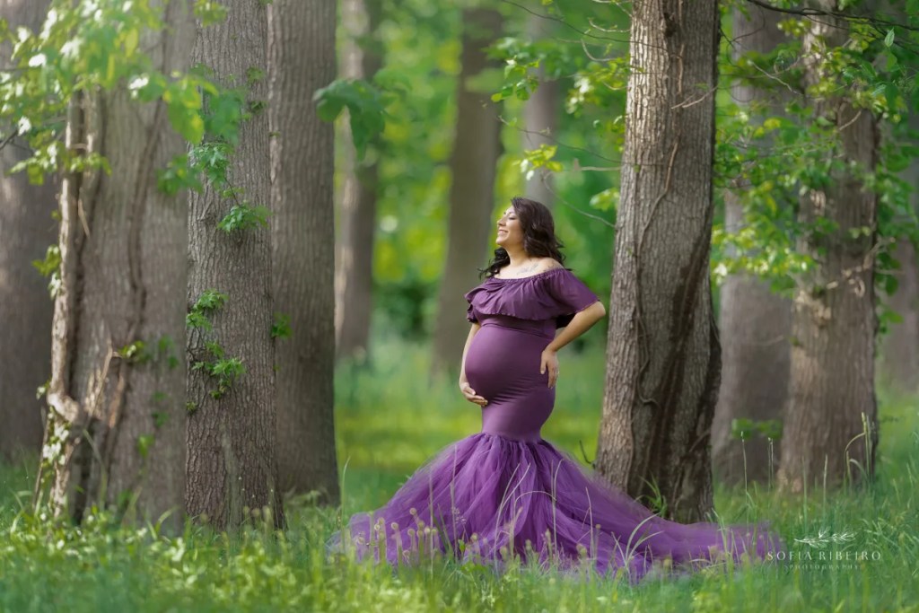 river maternity session nj, mom in woods in purple mermaid dress