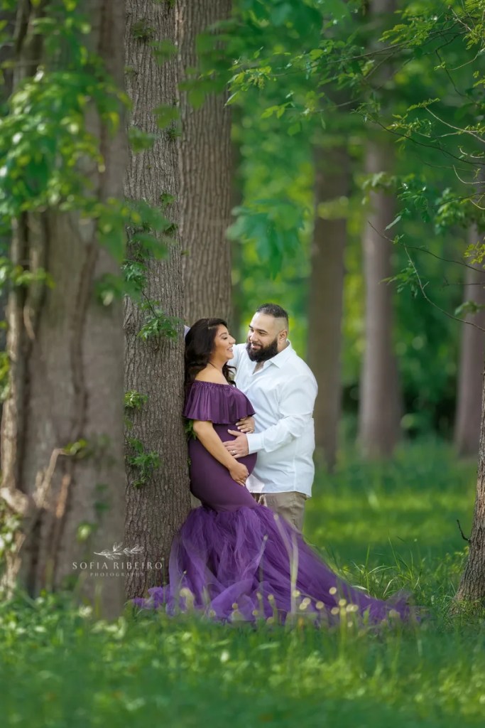 river maternity session nj, mom in woods in purple mermaid dress