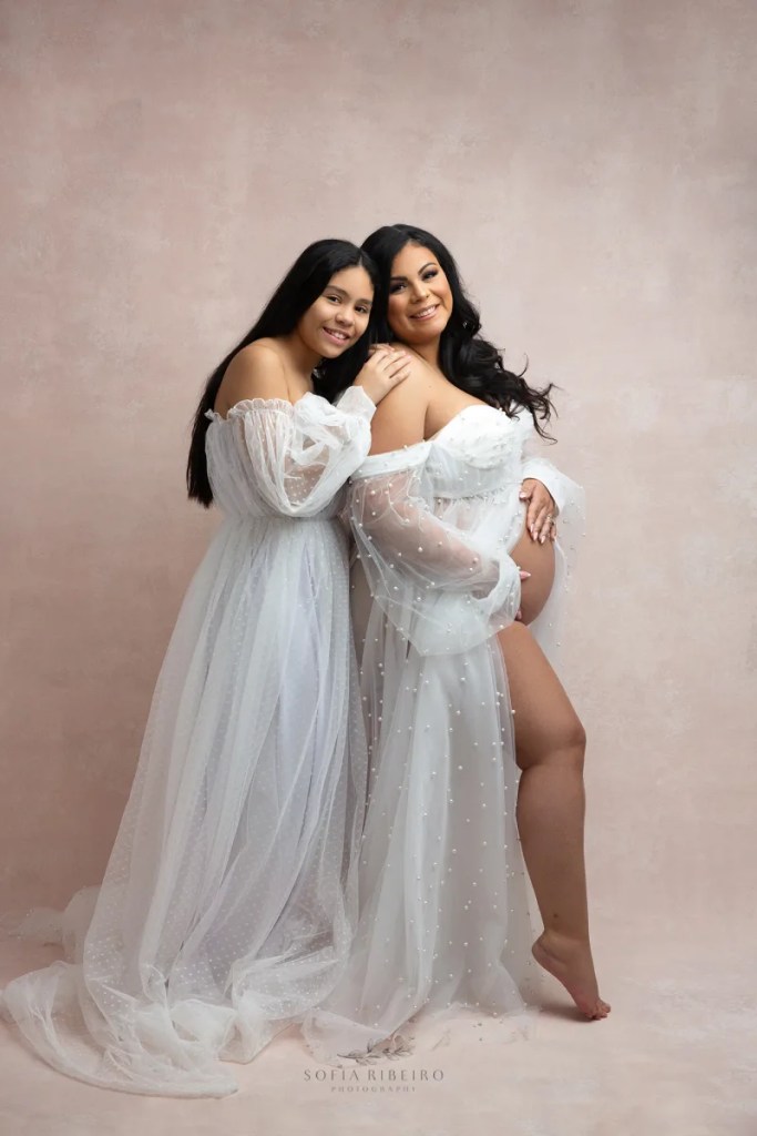 springfield nj maternity photographer, family maternity studio session, mom and daughter in white on pink backdrop