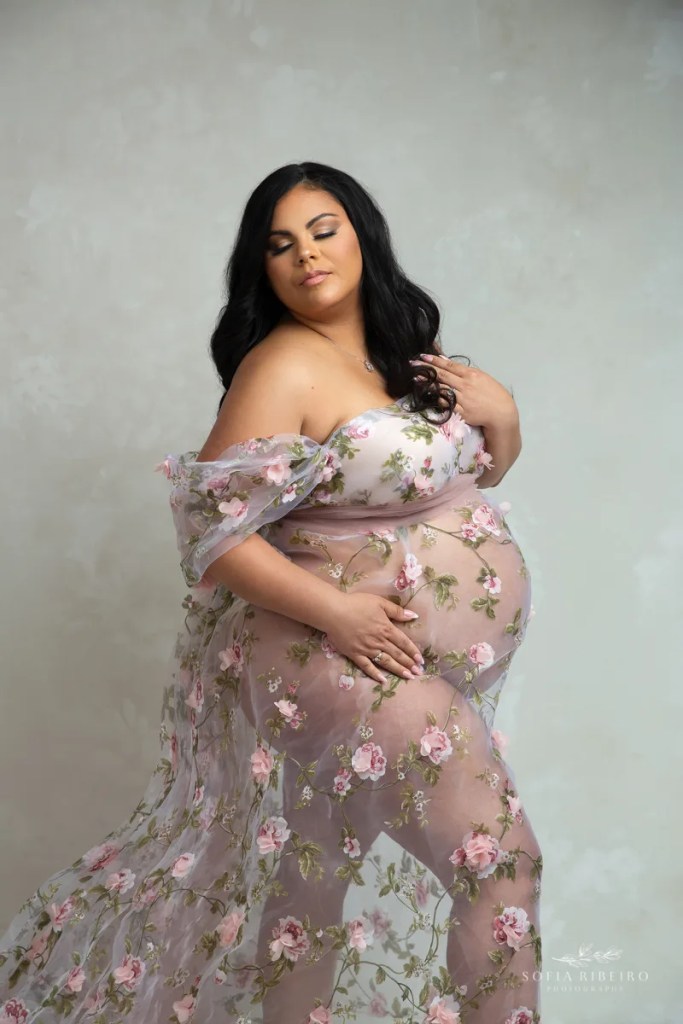 springfield nj maternity photographer, family maternity studio session, mom in floral sheer fabric