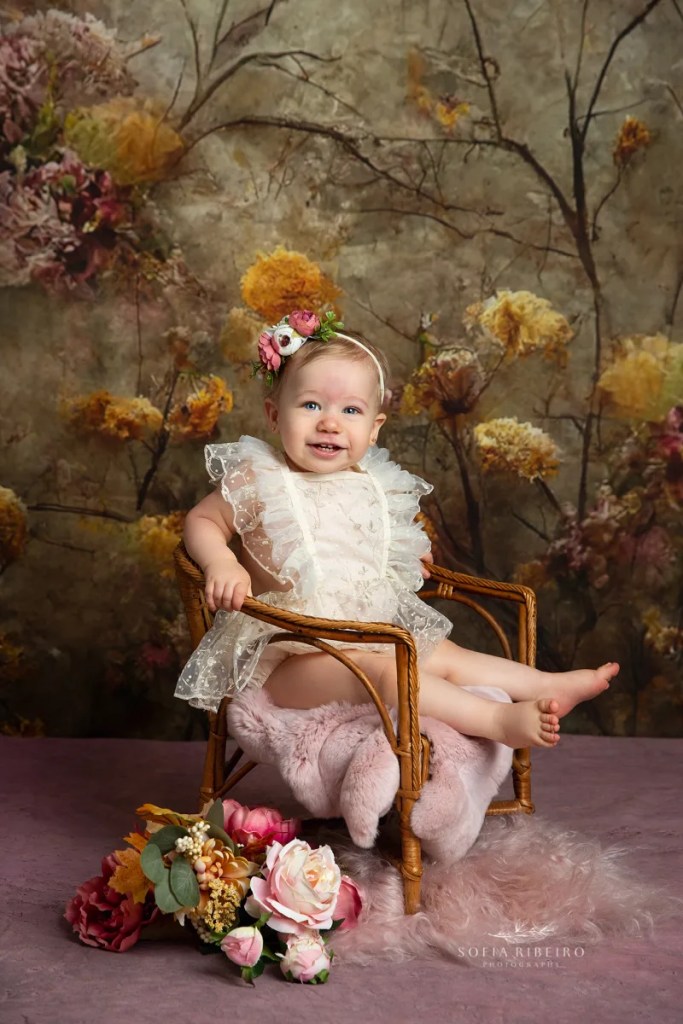 vintage blooms first birthday, fine art portraits, baby in chair