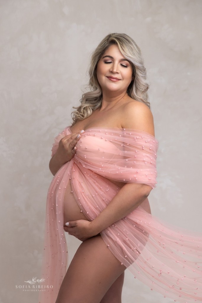 nj maternity photographer, mom draped in pink pearl tulle