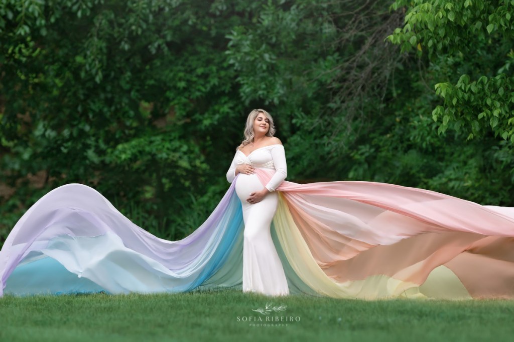 nj maternity photographer, rainbow baby mom in rainbow tossed gown