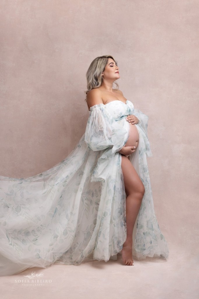 kearny nj maternity photographer mom in white floral gown