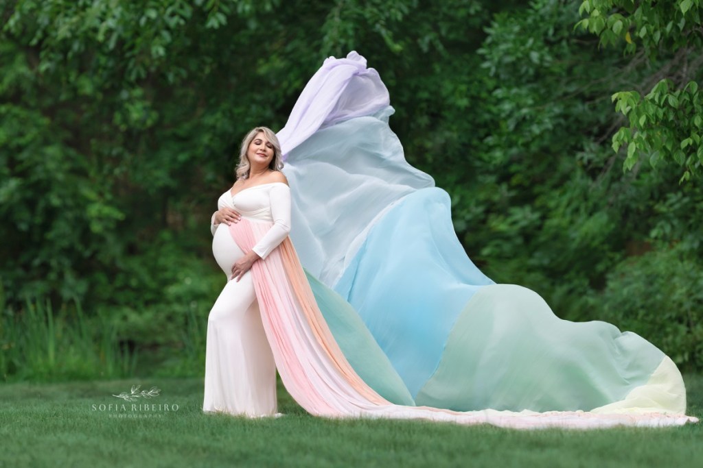 kearny nj maternity photographer, rainbow baby mom in rainbow tossed gown