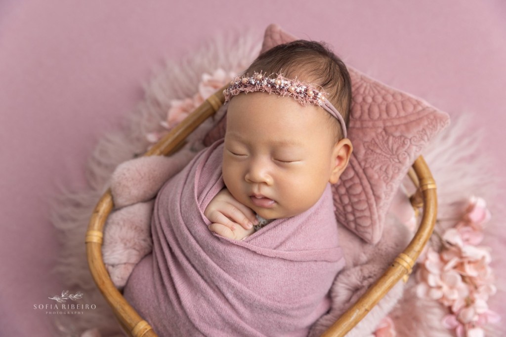 edgewater nj newborn photographer, baby in pink basket with flowers