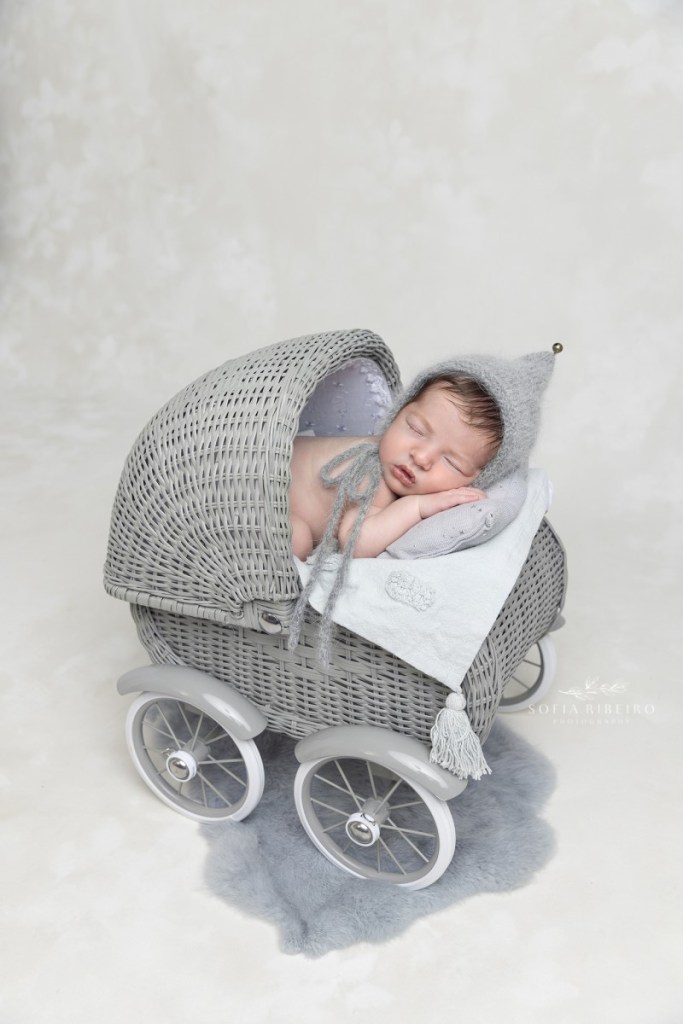 baby boy in grey carriage with linden nj newborn photographer
