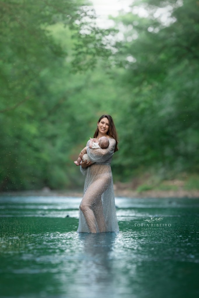 3 month baby session outdoors in nj, mom in water with baby