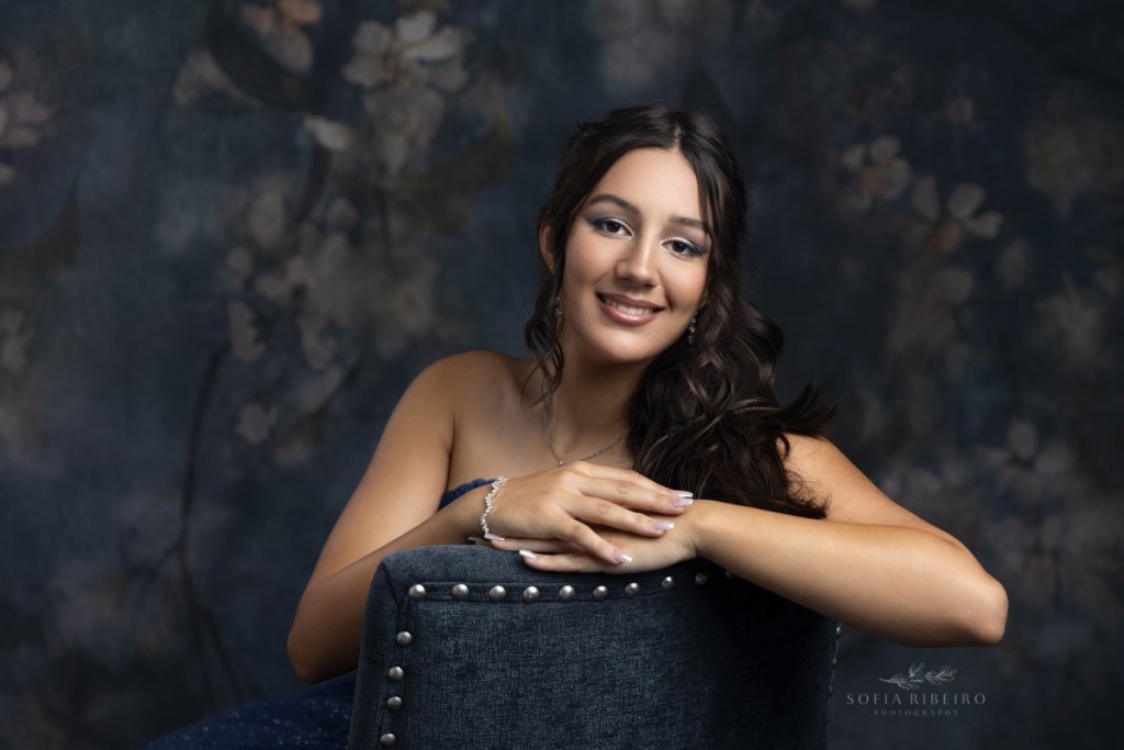 sweet 16 photos, fine art portraits girl in blue posed on chair