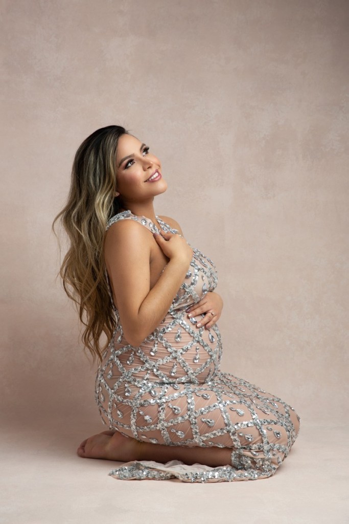 IN STUDIO MATERNITY SESSION, MOM IN A RHINESTONE DRESS