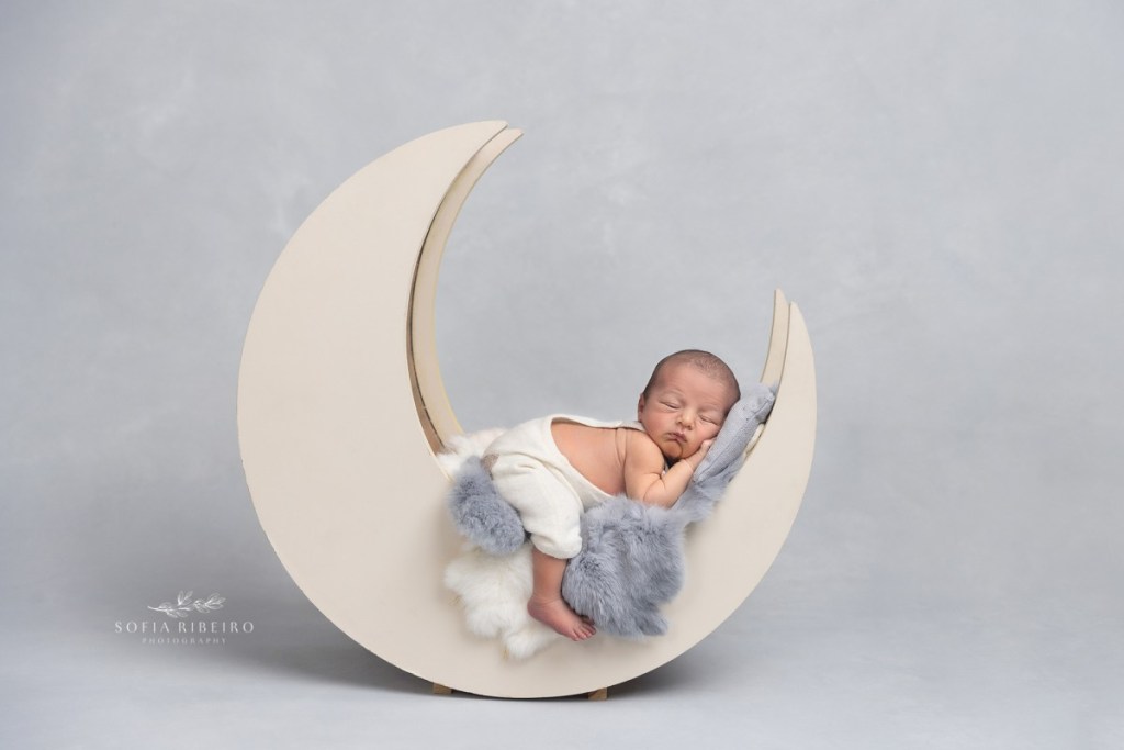 grey newborn session, baby on moon