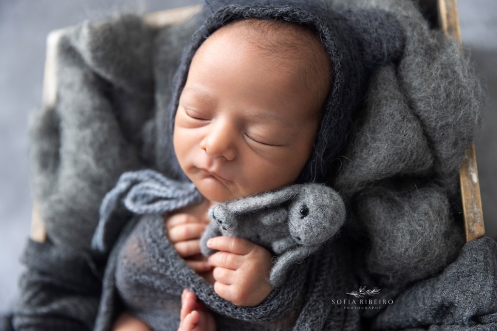 grey newborn session, baby with bunny