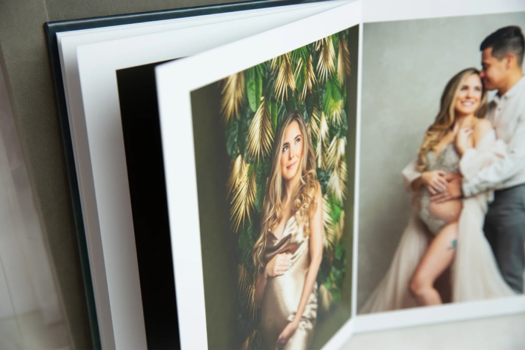 custom maternity photoshoot album with shades of green from an nj maternity session