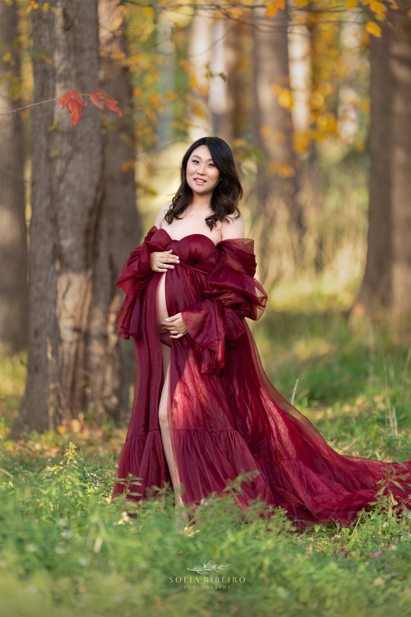 maternity session with mom in red dress in a local park in new jersey in the fall