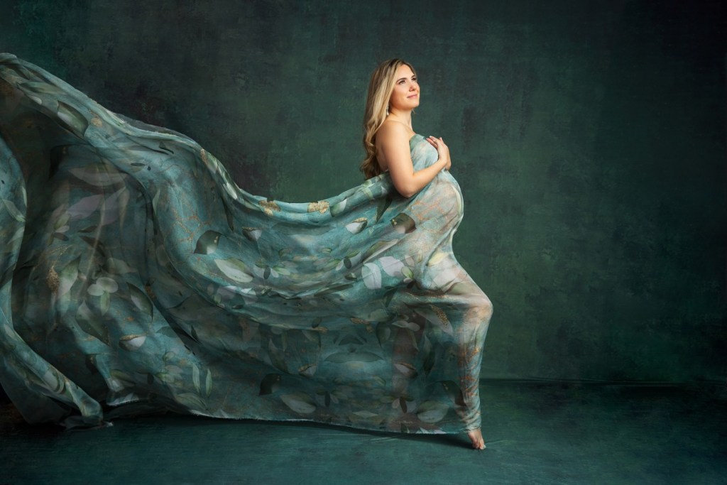 nj maternity photography in studio draped fabric on mom