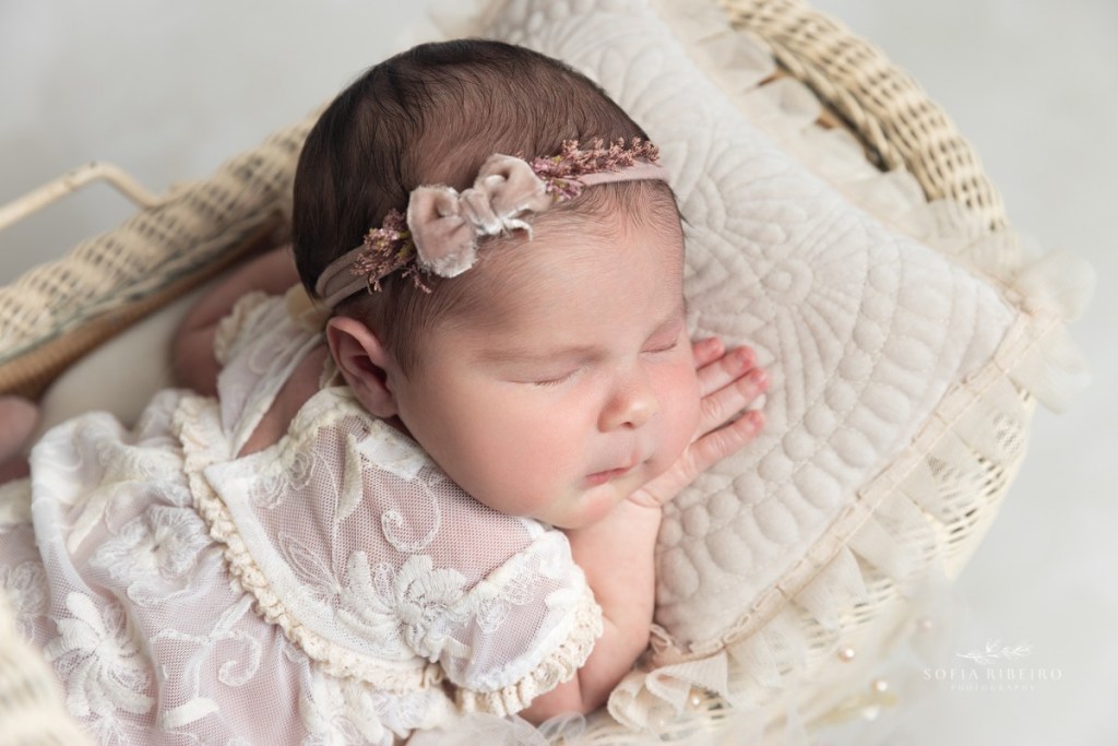 baby girl sleeps soundly in a pram during a nj newborn photography session