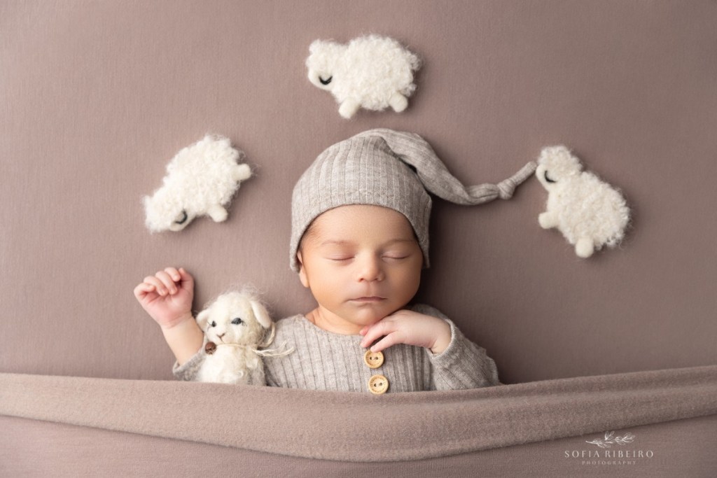 newborn baby sleeps snug in a newborn cap surrounded by counting sheep stuffed animals