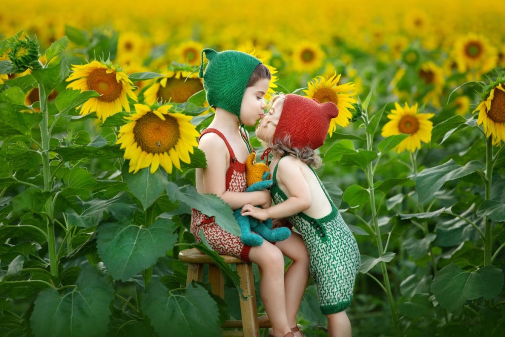 little brothers play in a field of sunflowers in handknit outfits while taking photos with a childrens photographer in new jersey