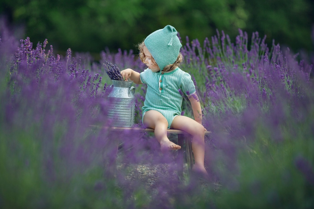 A young toddler sits on a garden bench picking lavender in a green onesie and matching hat after visiting a union county daycare