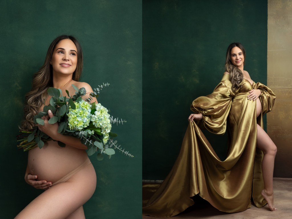 mom poses in gold and green with flowers during a maternity session in nj