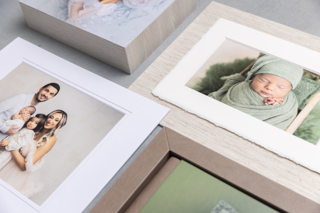 a sample of the different textures and materials available for portrait products from a newborn photo session with NJ photographer sofia ribeiro photography