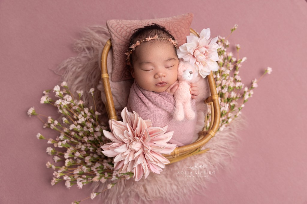 baby girls is posed in a basket adorned with flowers in randolph nj