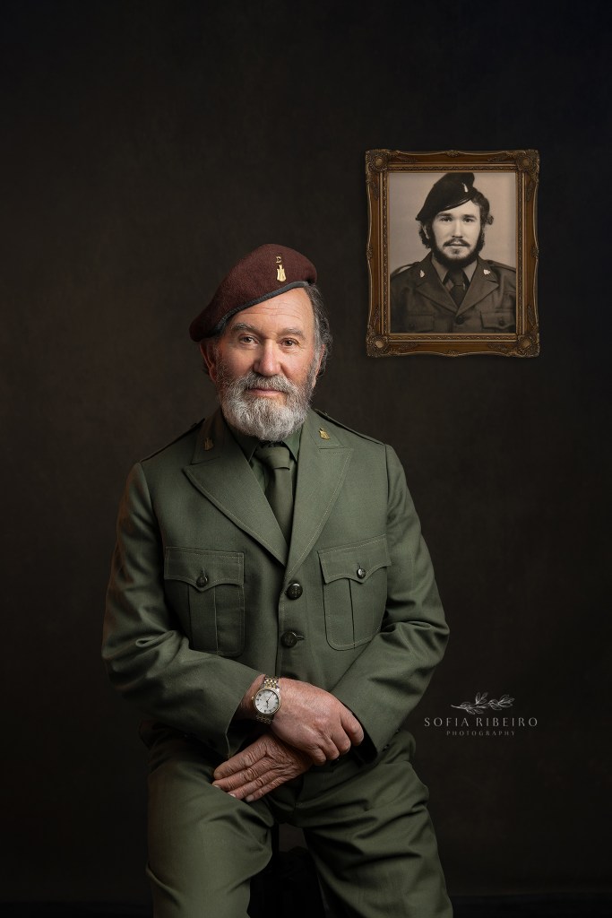 50 years later, former solider poses in original uniform from portugal's military, to comemorate the 50th anniversary of the 25th of april, portugal's carnation revolution. 50 anos depois, um retrato de um senhor em sua farda original a celebrar o cinquentenario da revolucao de 25 de abril em portugal
