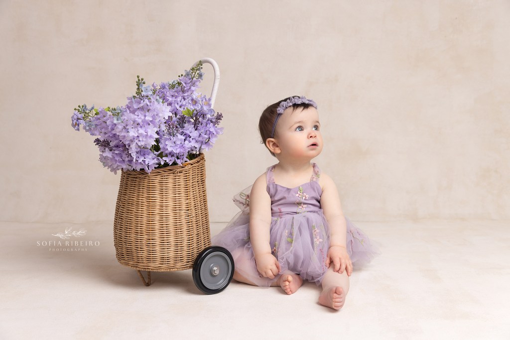 1 year old baby in lavender dress poses with a floral basket