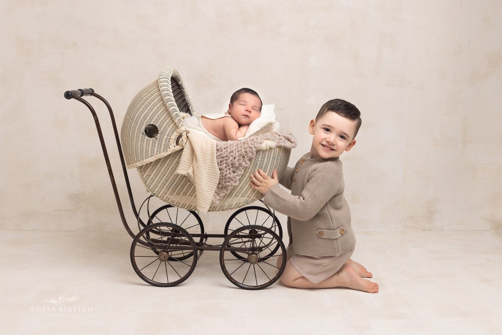 big brother holds his newborn baby brother in a carriage during a photo session